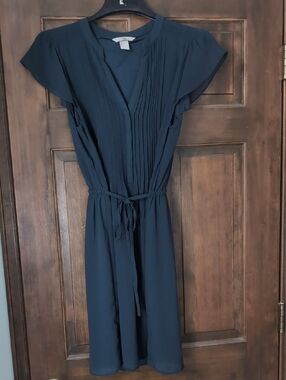 H&M Navy Pleated Waist-Tie Midi Dress